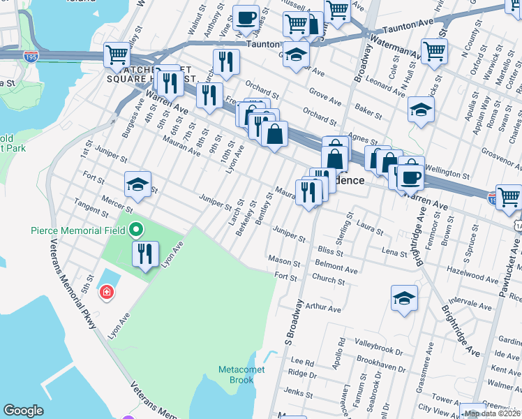 map of restaurants, bars, coffee shops, grocery stores, and more near 73 Bentley Street in East Providence