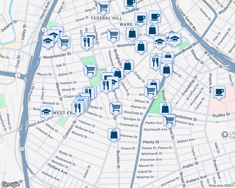 map of restaurants, bars, coffee shops, grocery stores, and more near 1932 Lester Street in Providence