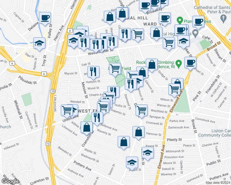 map of restaurants, bars, coffee shops, grocery stores, and more near 113 Parade Street in Providence