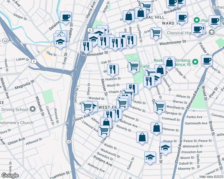 map of restaurants, bars, coffee shops, grocery stores, and more near 68 Wood Street in Providence