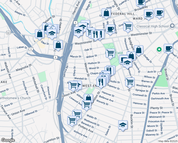 map of restaurants, bars, coffee shops, grocery stores, and more near 113 Wood Street in Providence
