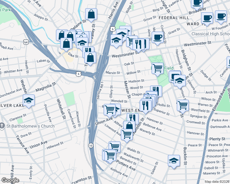map of restaurants, bars, coffee shops, grocery stores, and more near 138 Wood Street in Providence