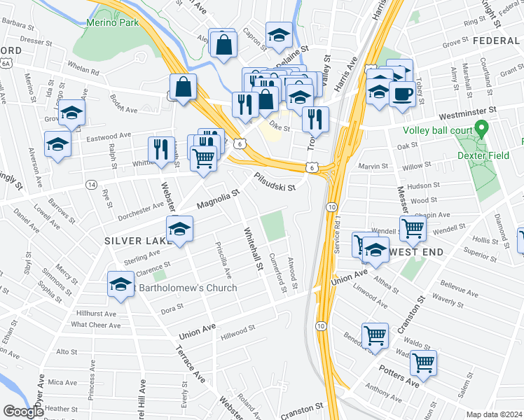 map of restaurants, bars, coffee shops, grocery stores, and more near 72 Judith Street in Providence