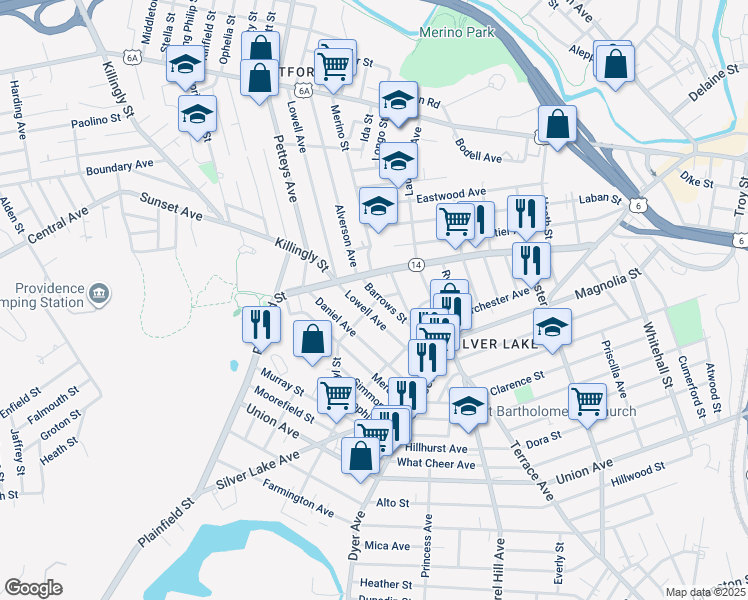 map of restaurants, bars, coffee shops, grocery stores, and more near 7 Elder Place in Providence