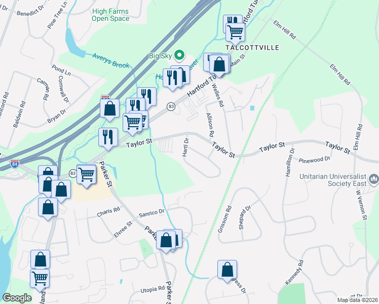 map of restaurants, bars, coffee shops, grocery stores, and more near 129 Hartl Drive in Vernon