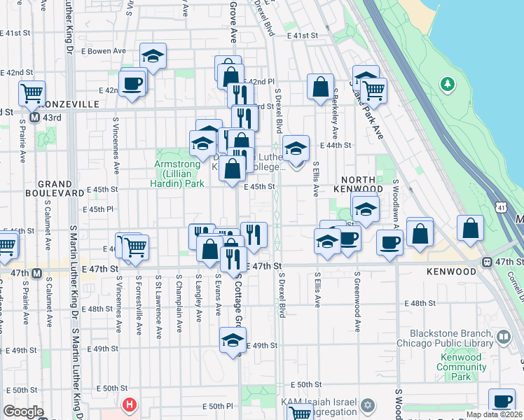 map of restaurants, bars, coffee shops, grocery stores, and more near 4520 South Drexel Boulevard in Chicago