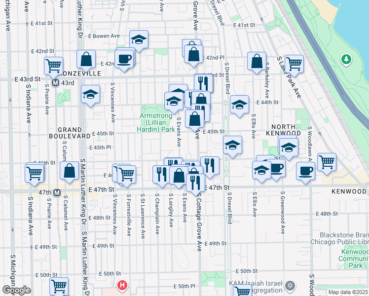 map of restaurants, bars, coffee shops, grocery stores, and more near 4521 South Evans Avenue in Chicago