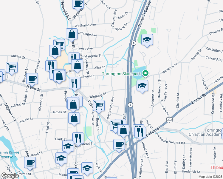 map of restaurants, bars, coffee shops, grocery stores, and more near 294 Brightwood Avenue in Torrington