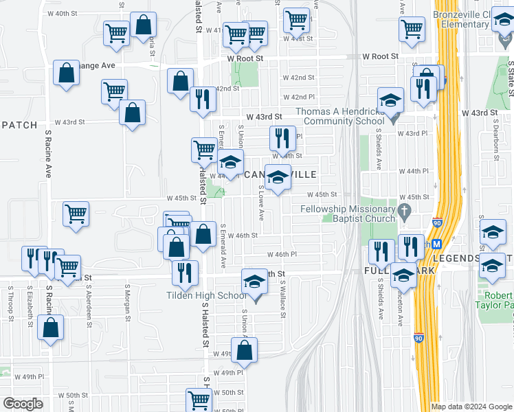 map of restaurants, bars, coffee shops, grocery stores, and more near 4512 South Lowe Avenue in Chicago