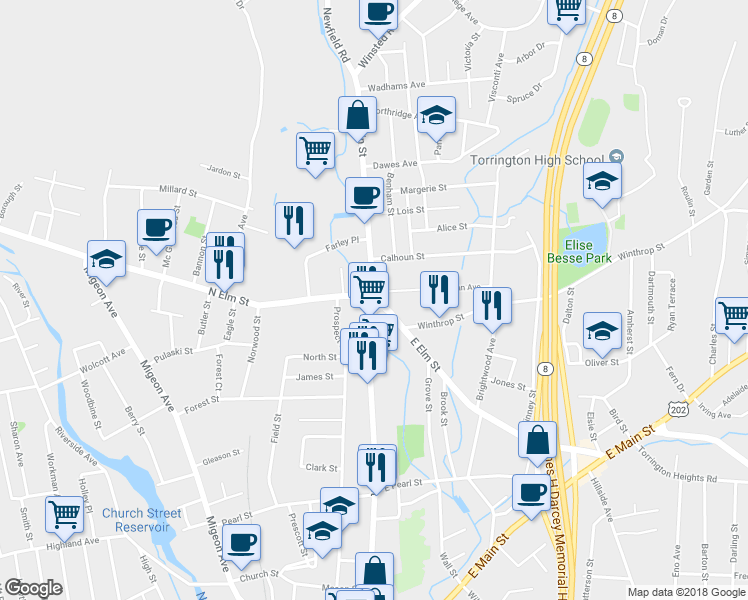 map of restaurants, bars, coffee shops, grocery stores, and more near East Elm Street & Main Street in Torrington