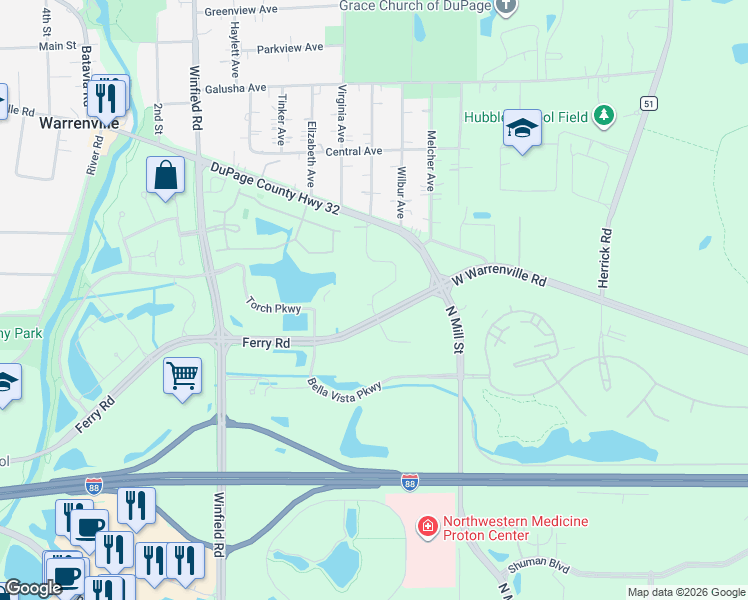 map of restaurants, bars, coffee shops, grocery stores, and more near 27576 Maecliff Drive in Warrenville