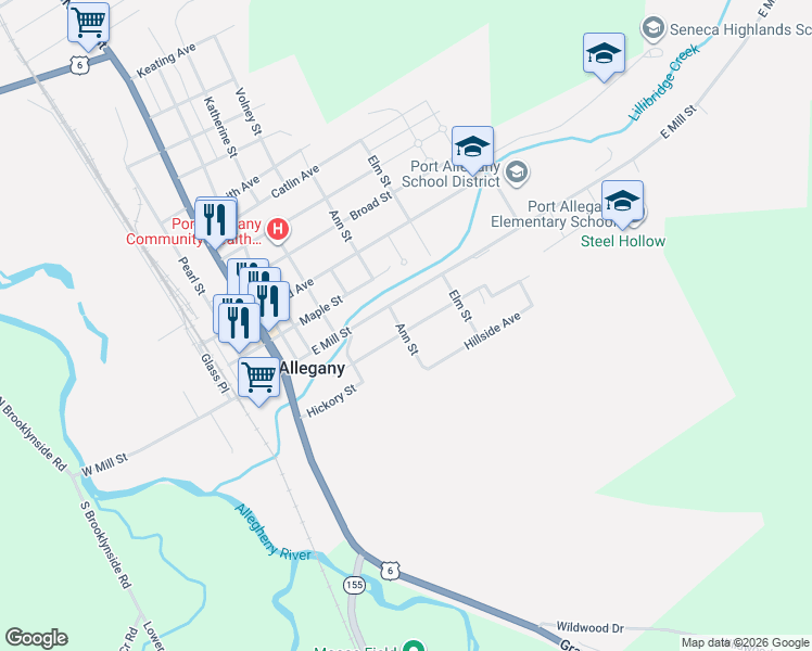 map of restaurants, bars, coffee shops, grocery stores, and more near 301 Harrison Street in Port Allegany