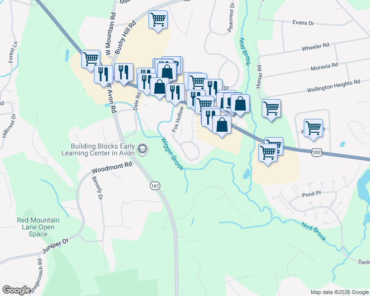 map of restaurants, bars, coffee shops, grocery stores, and more near 62 Fox Hollow in Avon