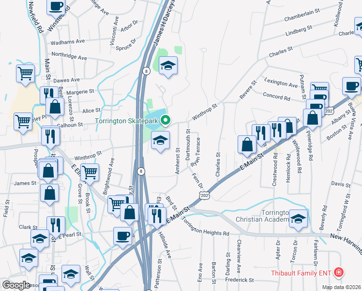 map of restaurants, bars, coffee shops, grocery stores, and more near 49 Amherst Street in Torrington