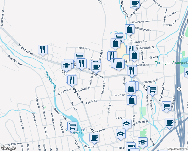 map of restaurants, bars, coffee shops, grocery stores, and more near 246 North Elm Street in Torrington