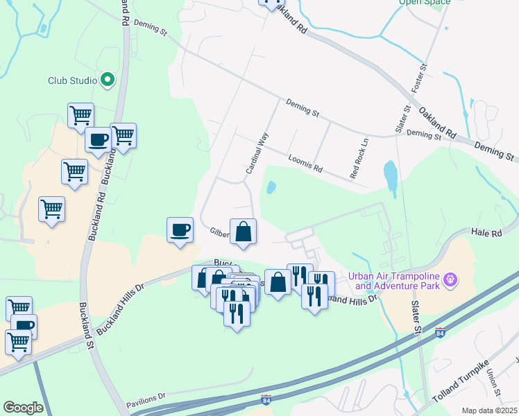 map of restaurants, bars, coffee shops, grocery stores, and more near 152 Gilbert Lane in South Windsor