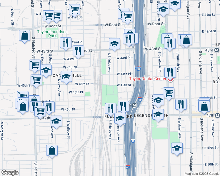 map of restaurants, bars, coffee shops, grocery stores, and more near 331 West 45th Street in Chicago