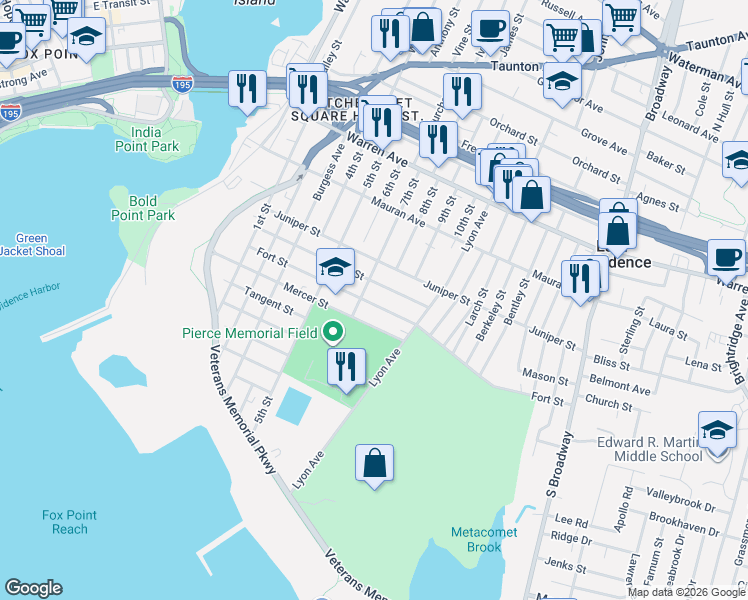 map of restaurants, bars, coffee shops, grocery stores, and more near 225 Quarry Street in East Providence