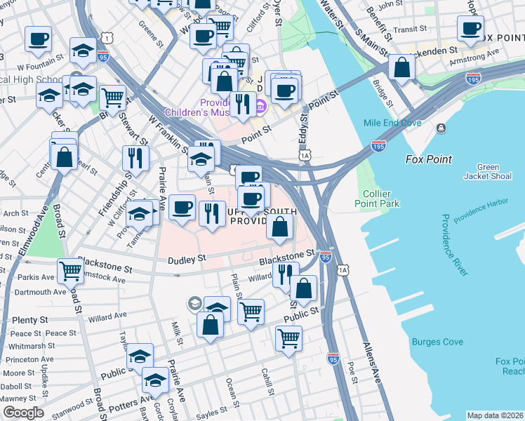 map of restaurants, bars, coffee shops, grocery stores, and more near 593 Eddy Street in Providence