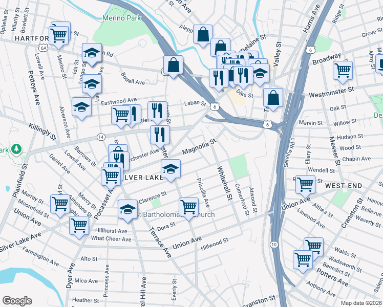 map of restaurants, bars, coffee shops, grocery stores, and more near 195 Magnolia Street in Providence