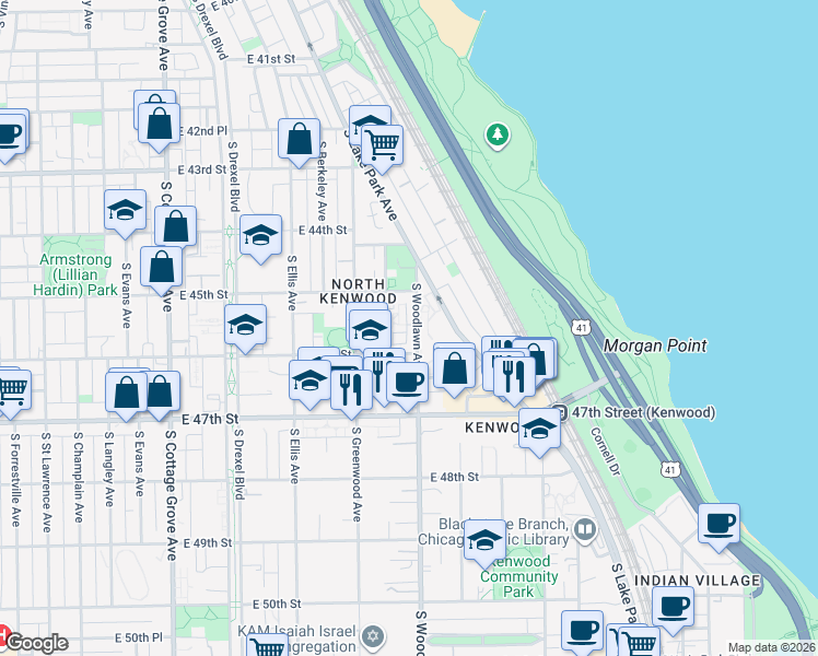 map of restaurants, bars, coffee shops, grocery stores, and more near 4522 South Woodlawn Avenue in Chicago