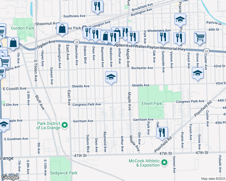 map of restaurants, bars, coffee shops, grocery stores, and more near 4301 Madison Avenue in Brookfield