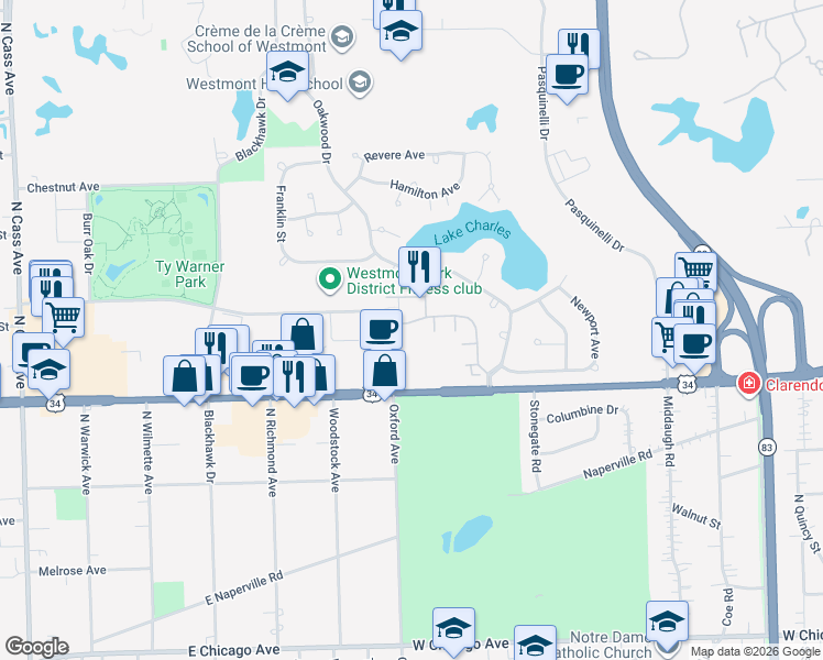 map of restaurants, bars, coffee shops, grocery stores, and more near 684 Citadel Drive in Westmont