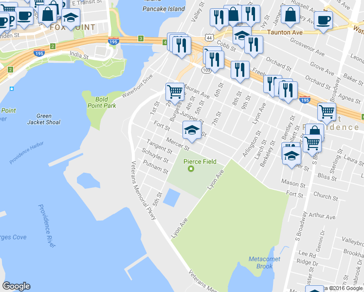 map of restaurants, bars, coffee shops, grocery stores, and more near 5th Street in East Providence
