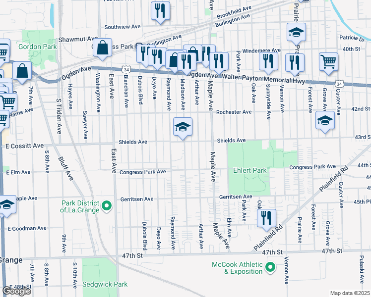 map of restaurants, bars, coffee shops, grocery stores, and more near 4301 Madison Avenue in Brookfield