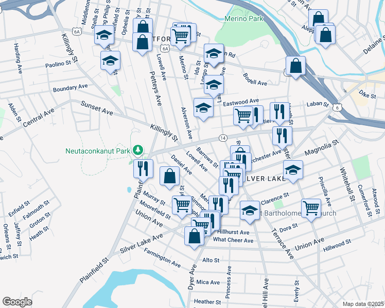 map of restaurants, bars, coffee shops, grocery stores, and more near 117 Lowell Avenue in Providence