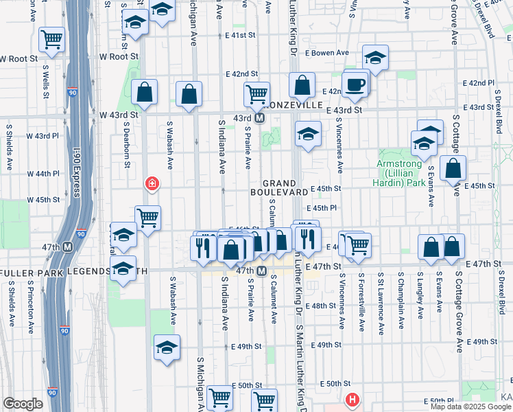 map of restaurants, bars, coffee shops, grocery stores, and more near 4517 South Prairie Avenue in Chicago
