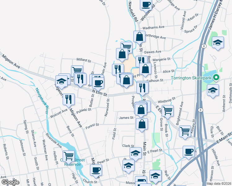 map of restaurants, bars, coffee shops, grocery stores, and more near 136 North Elm Street in Torrington