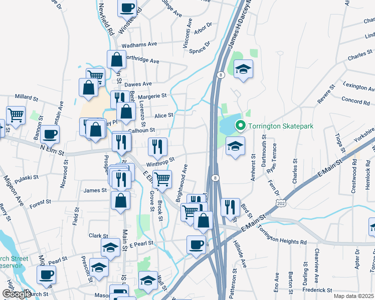 map of restaurants, bars, coffee shops, grocery stores, and more near 294 Brightwood Avenue in Torrington
