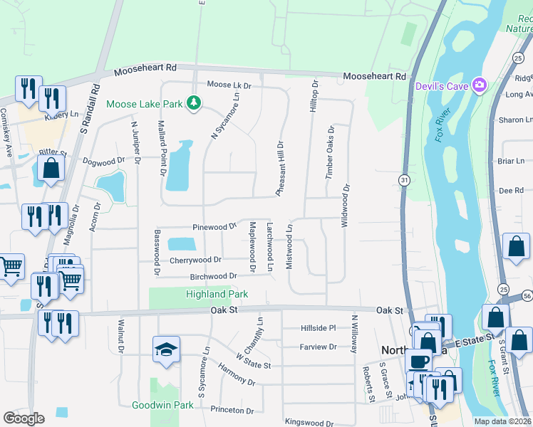 map of restaurants, bars, coffee shops, grocery stores, and more near 365 Pheasant Hill Drive in North Aurora