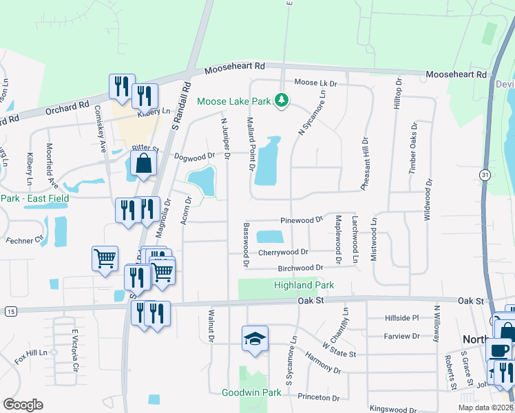 map of restaurants, bars, coffee shops, grocery stores, and more near 426 Mallard Point Drive in North Aurora