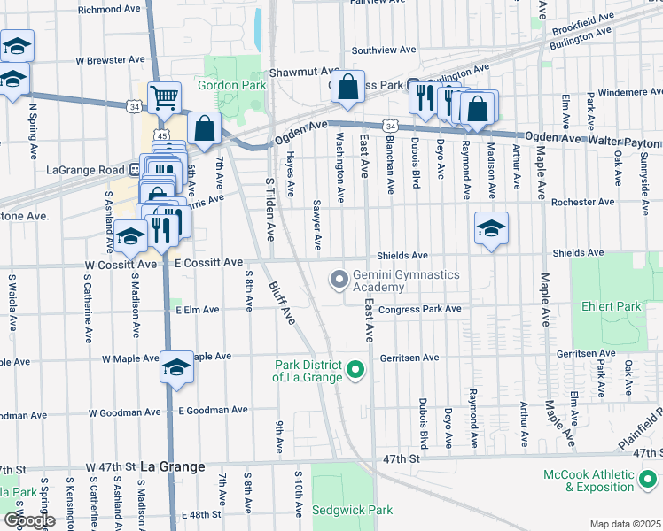 map of restaurants, bars, coffee shops, grocery stores, and more near 620 East Cossitt Avenue in La Grange