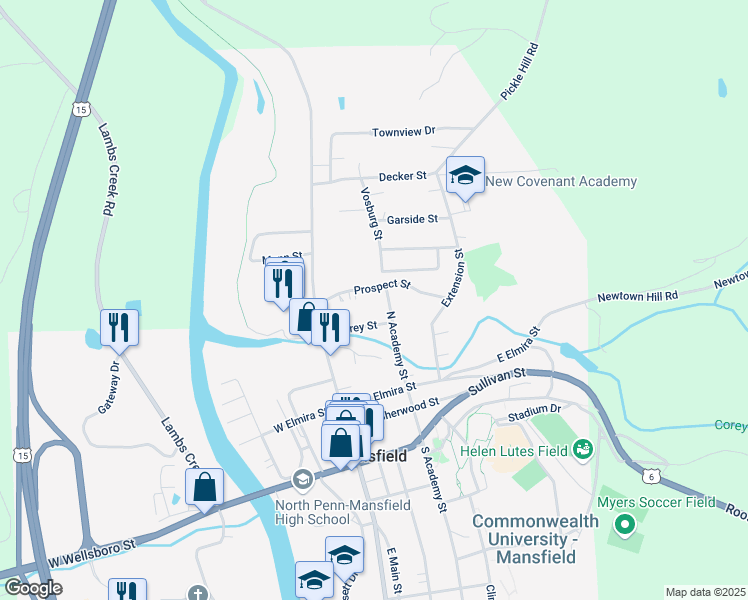 map of restaurants, bars, coffee shops, grocery stores, and more near 64 Prospect Street in Mansfield