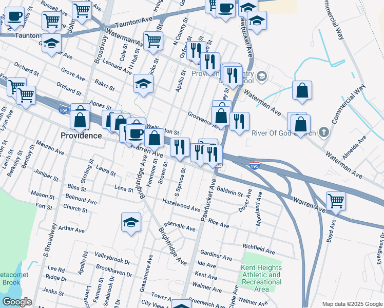 map of restaurants, bars, coffee shops, grocery stores, and more near 110 South Spruce Street in East Providence