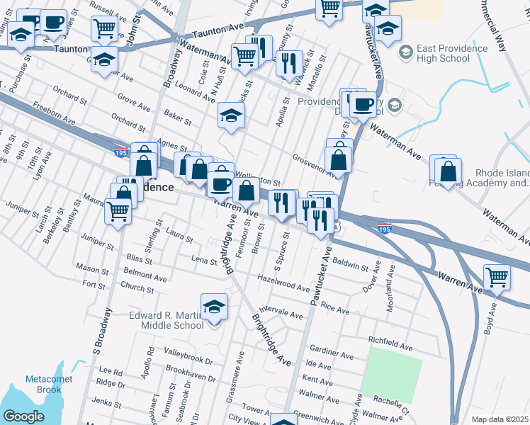 map of restaurants, bars, coffee shops, grocery stores, and more near 51 Abby Street in East Providence