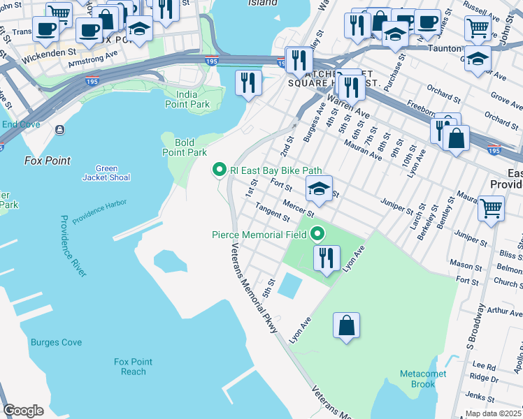 map of restaurants, bars, coffee shops, grocery stores, and more near 29 Tangent Street in East Providence