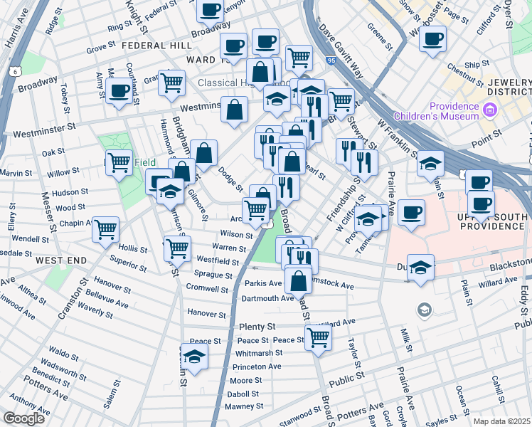 map of restaurants, bars, coffee shops, grocery stores, and more near in Providence