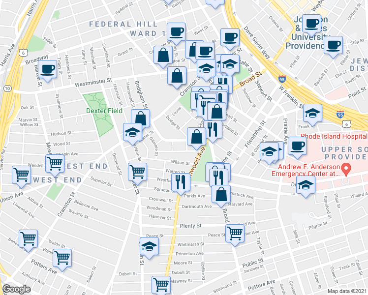 map of restaurants, bars, coffee shops, grocery stores, and more near 30 Bridgham Street in Providence
