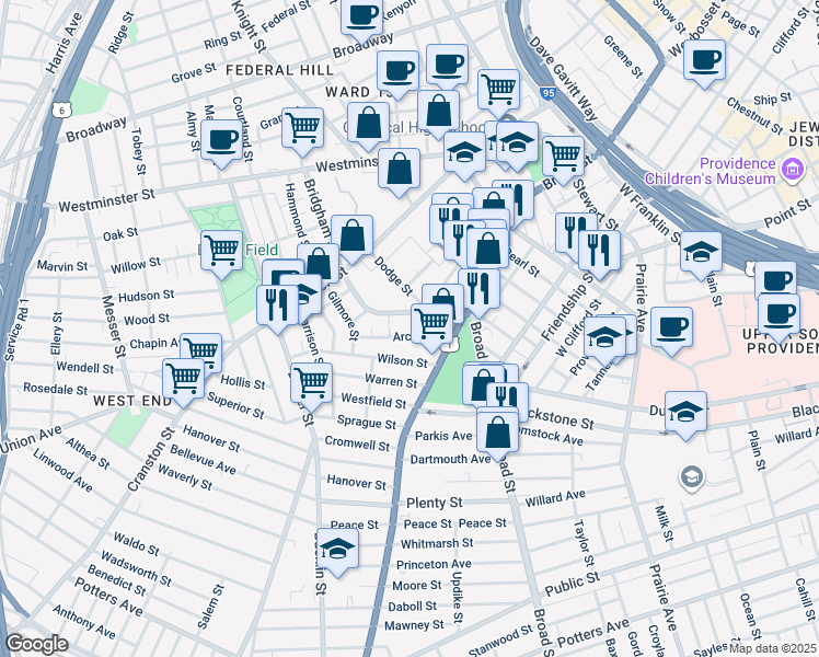 map of restaurants, bars, coffee shops, grocery stores, and more near 30 Bridgham Street in Providence