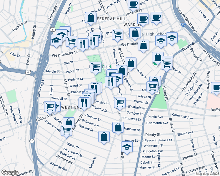 map of restaurants, bars, coffee shops, grocery stores, and more near in Providence