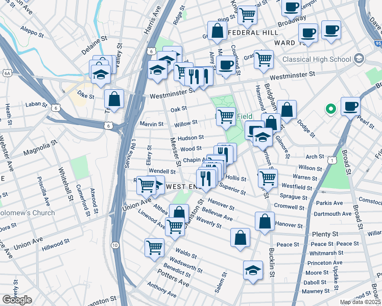 map of restaurants, bars, coffee shops, grocery stores, and more near 68 Wood Street in Providence