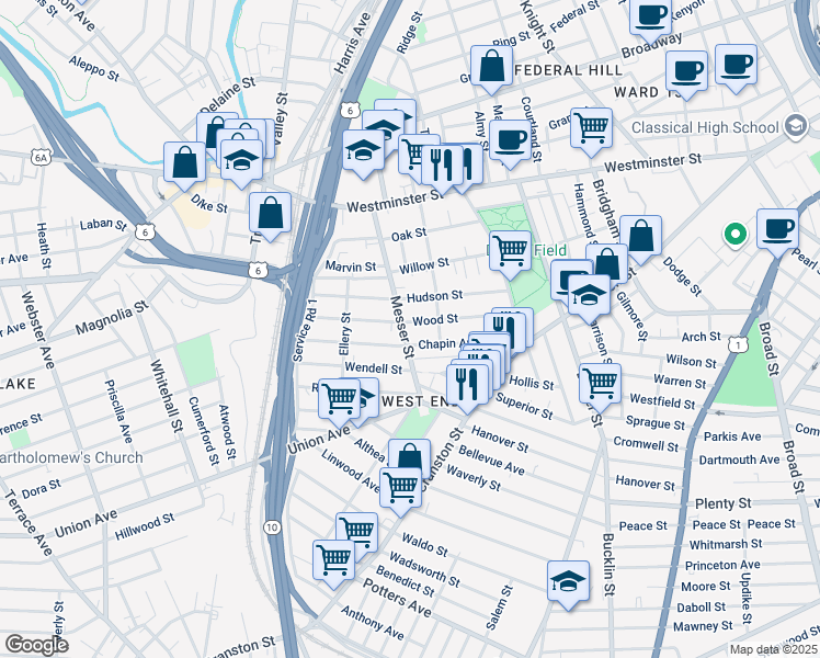 map of restaurants, bars, coffee shops, grocery stores, and more near 113 Wood Street in Providence