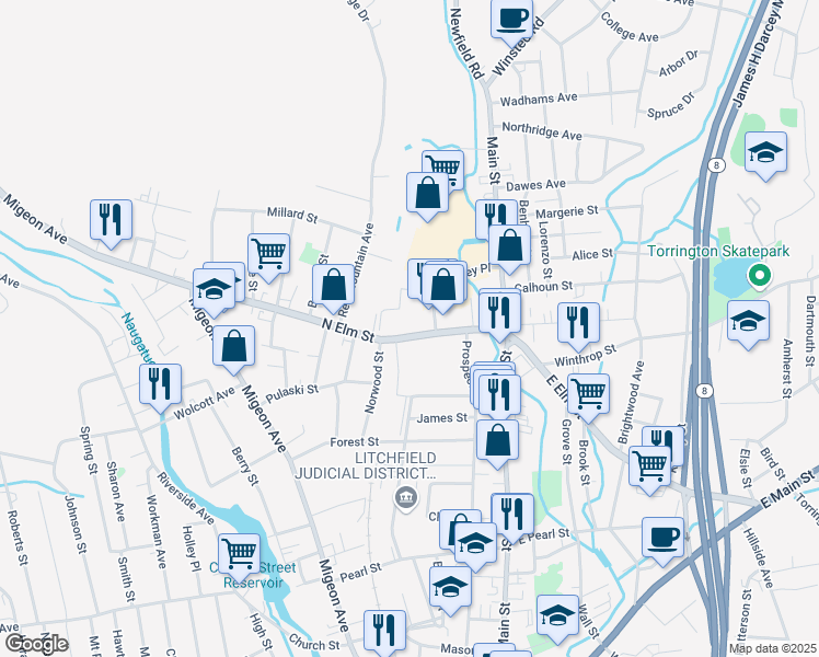 map of restaurants, bars, coffee shops, grocery stores, and more near 120 North Elm Street in Torrington