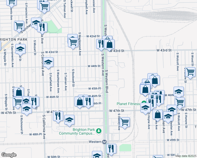map of restaurants, bars, coffee shops, grocery stores, and more near 4445 South Artesian Avenue in Chicago