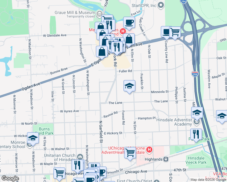 map of restaurants, bars, coffee shops, grocery stores, and more near 537 North York Road in Hinsdale