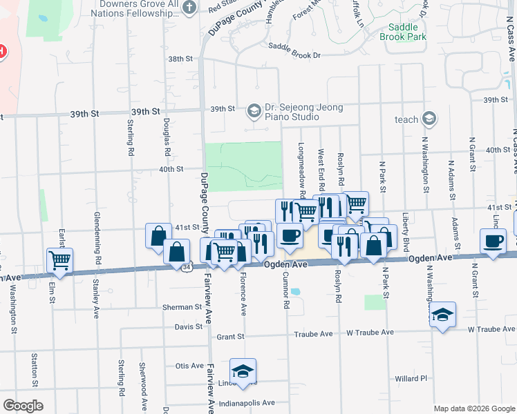 map of restaurants, bars, coffee shops, grocery stores, and more near 217 Shady Lane in Downers Grove